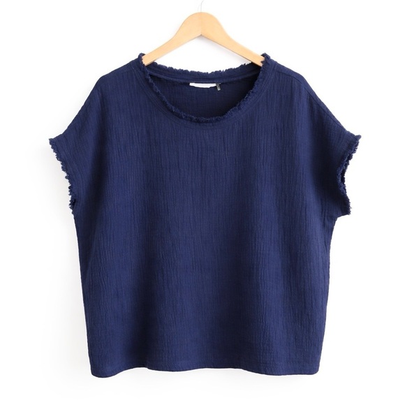 Kaktus Tops - Kaktus Navy Crinkle 100% Cotton Gauze Boxy Top 1X Raw Fringe Edge